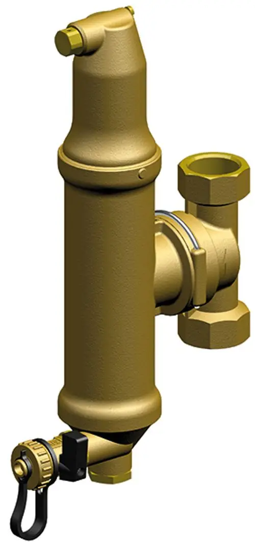Kombinierter Abscheider von IMI Hydronic Engineering, drehbar und isoliert, mit Anschlussmöglichkeiten für Rohrleitungen.
